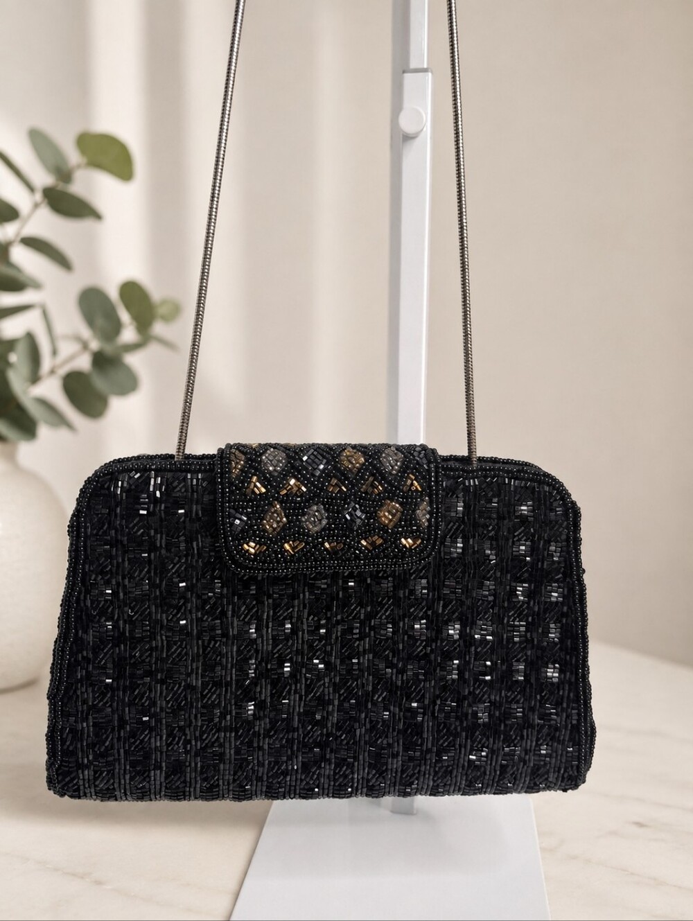 Delill Vintage 1980s Black Bugle Beaded Evening Shoulder Bag Handmade China EUC